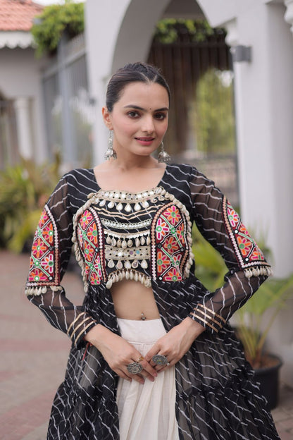 Black Pure Georgette Lahariya Print kutchi Patchework Navratri Lehenga Choli
