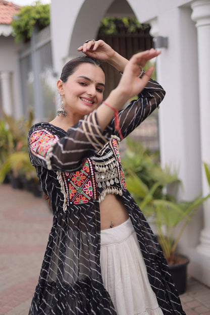 Black Pure Georgette Lahariya Print kutchi Patchework Navratri Lehenga Choli