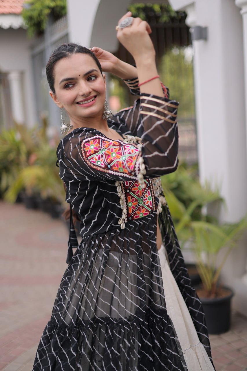 Black Pure Georgette Lahariya Print kutchi Patchework Navratri Lehenga Choli