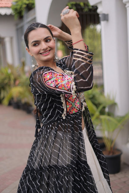 Black Pure Georgette Lahariya Print kutchi Patchework Navratri Lehenga Choli