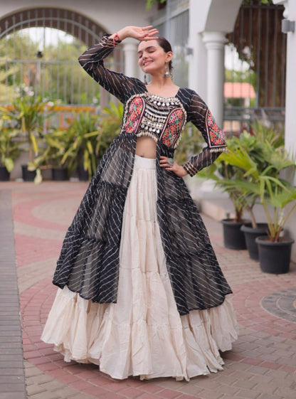 Black Pure Georgette Lahariya Print kutchi Patchework Navratri Lehenga Choli