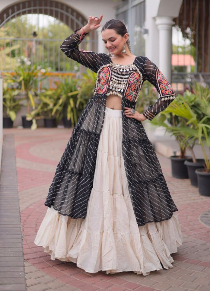 Black Pure Georgette Lahariya Print kutchi Patchework Navratri Lehenga Choli