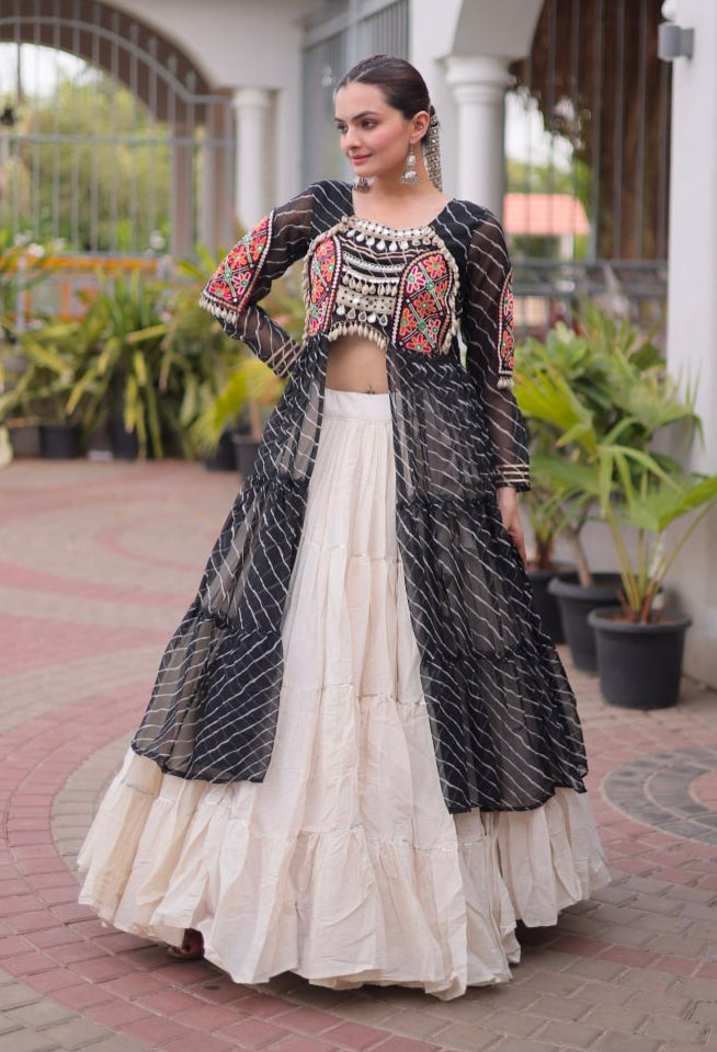 Black Pure Georgette Lahariya Print kutchi Patchework Navratri Lehenga Choli