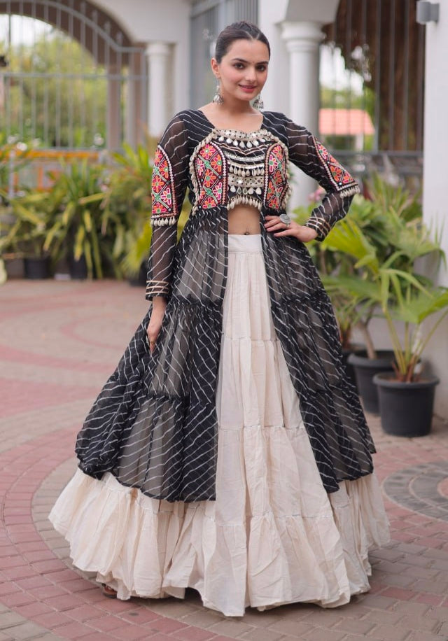 Black Pure Georgette Lahariya Print kutchi Patchework Navratri Lehenga Choli
