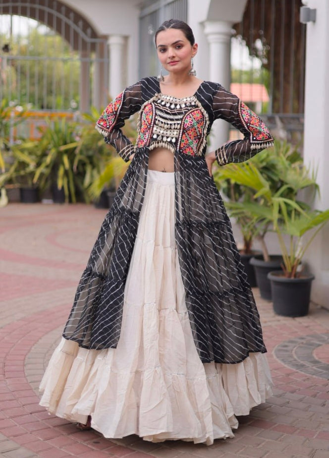 Black Pure Georgette Lahariya Print kutchi Patchework Navratri Lehenga Choli