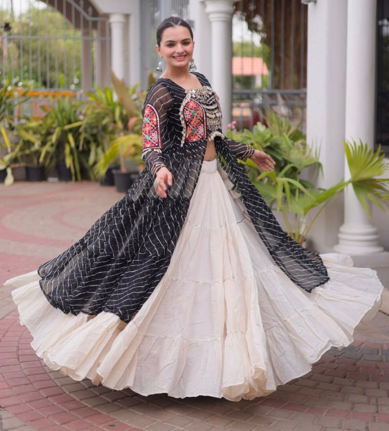 Black Pure Georgette Lahariya Print kutchi Patchework Navratri Lehenga Choli