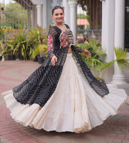 Black Pure Georgette Lahariya Print kutchi Patchework Navratri Lehenga Choli