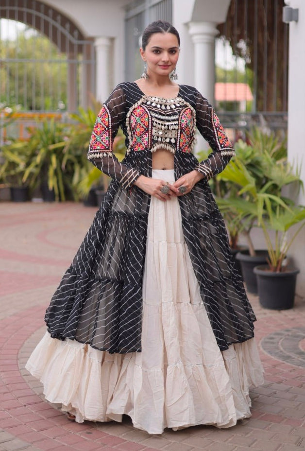 Black Pure Georgette Lahariya Print kutchi Patchework Navratri Lehenga Choli