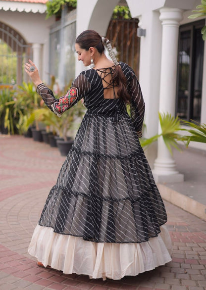 Black Pure Georgette Lahariya Print kutchi Patchework Navratri Lehenga Choli