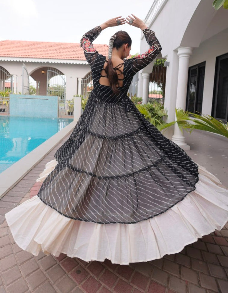 Black Pure Georgette Lahariya Print kutchi Patchework Navratri Lehenga Choli