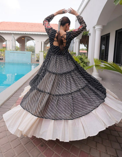 Black Pure Georgette Lahariya Print kutchi Patchework Navratri Lehenga Choli