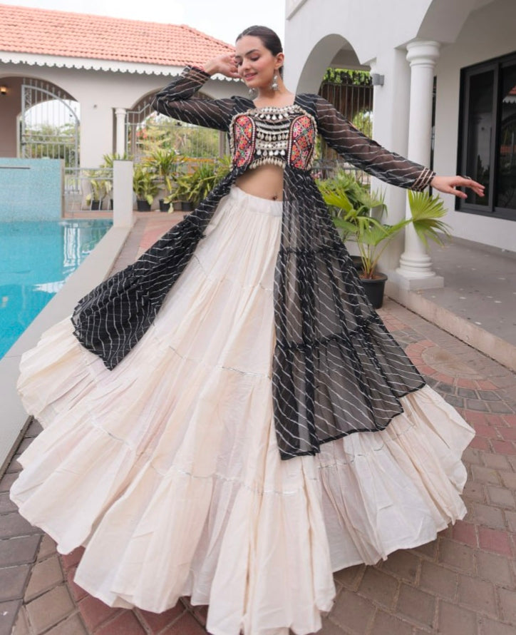Black Pure Georgette Lahariya Print kutchi Patchework Navratri Lehenga Choli