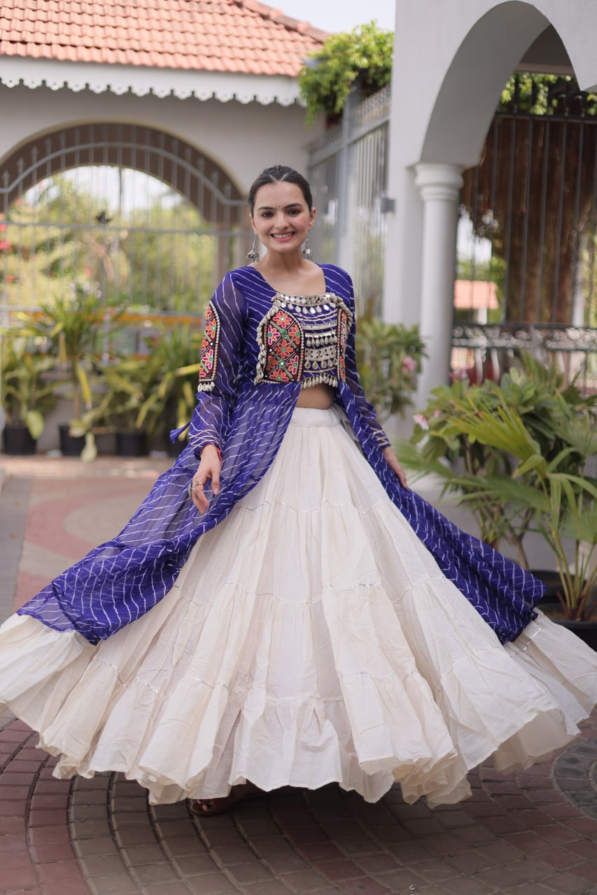 Blue Pure Georgette Lahariya Print kutchi Patchwork Navratri Lehenga Choli