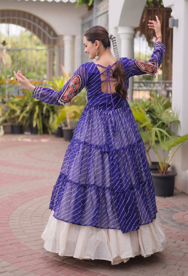 Blue Pure Georgette Lahariya Print kutchi Patchwork Navratri Lehenga Choli