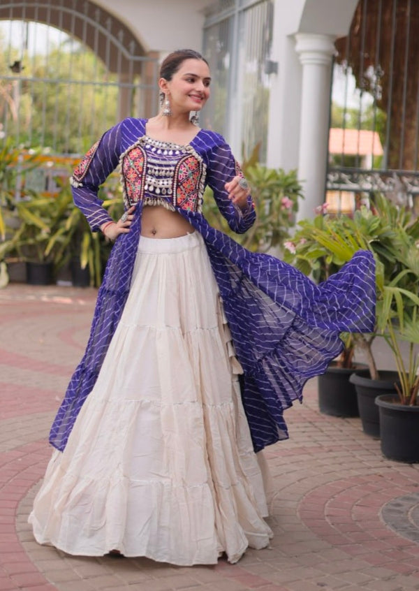 Blue Pure Georgette Lahariya Print kutchi Patchwork Navratri Lehenga Choli