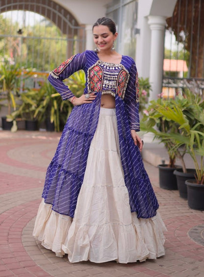 Blue Pure Georgette Lahariya Print kutchi Patchwork Navratri Lehenga Choli