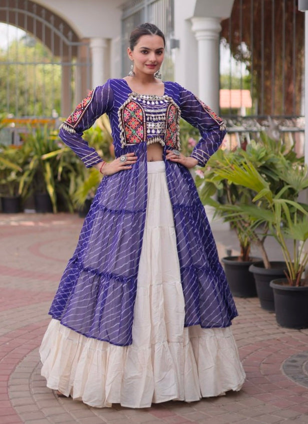 Blue Pure Georgette Lahariya Print kutchi Patchwork Navratri Lehenga Choli