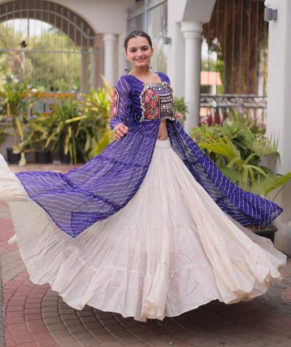Blue Pure Georgette Lahariya Print kutchi Patchwork Navratri Lehenga Choli