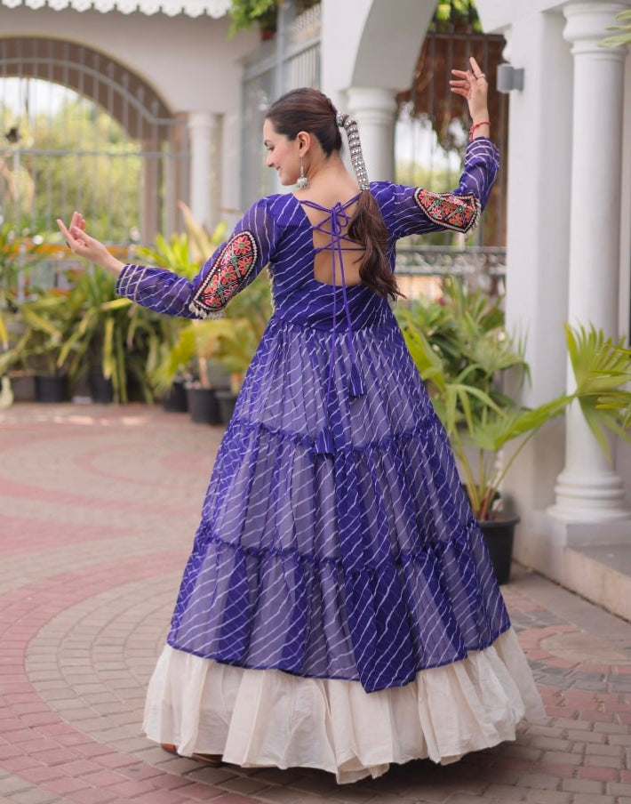 Blue Pure Georgette Lahariya Print kutchi Patchwork Navratri Lehenga Choli