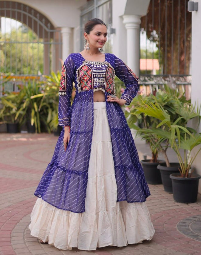 Blue Pure Georgette Lahariya Print kutchi Patchwork Navratri Lehenga Choli