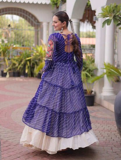 Blue Pure Georgette Lahariya Print kutchi Patchwork Navratri Lehenga Choli