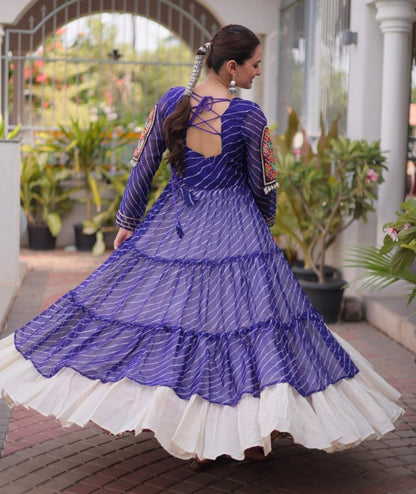 Blue Pure Georgette Lahariya Print kutchi Patchwork Navratri Lehenga Choli