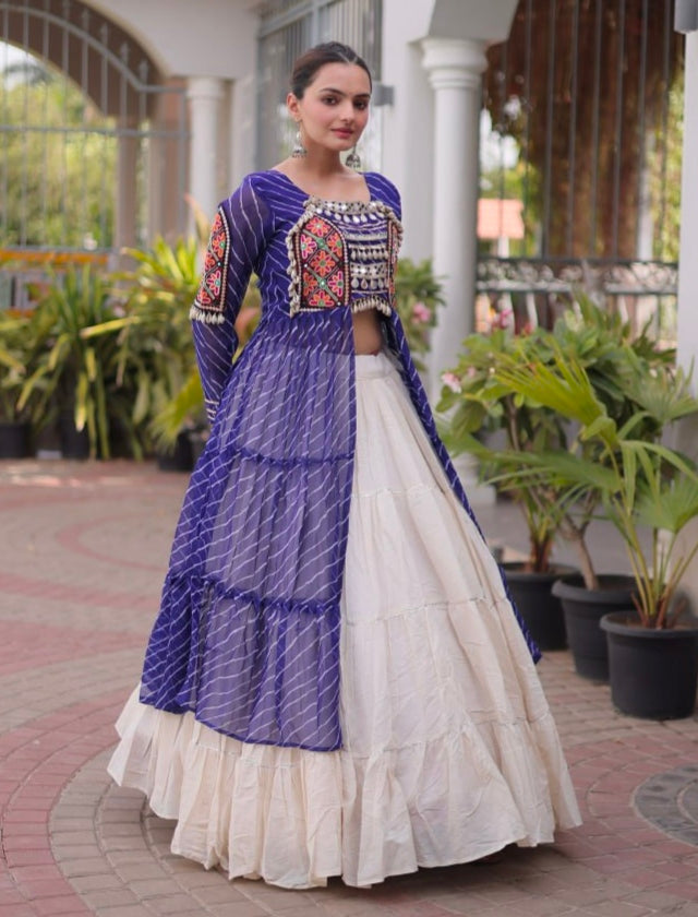 Blue Pure Georgette Lahariya Print kutchi Patchwork Navratri Lehenga Choli