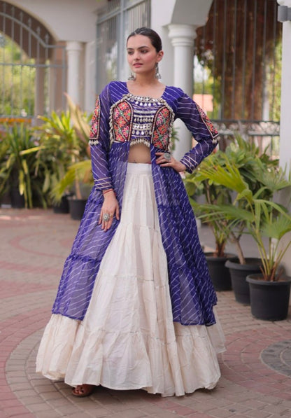 Blue Pure Georgette Lahariya Print kutchi Patchwork Navratri Lehenga Choli