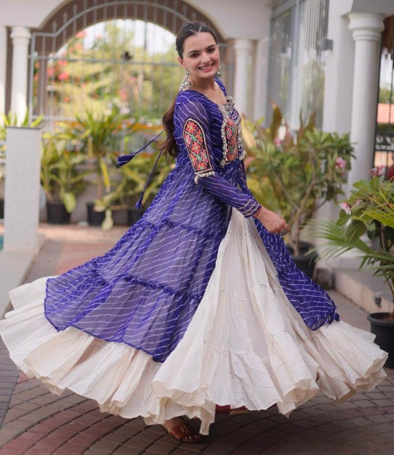 Blue Pure Georgette Lahariya Print kutchi Patchwork Navratri Lehenga Choli
