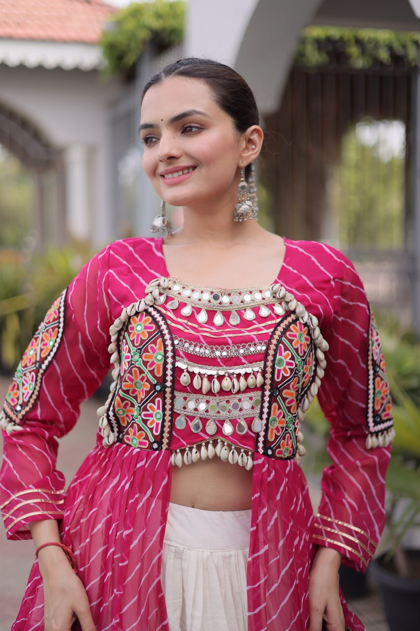 Pink Pure Georgette Lahariya Print kutchi Patchwork Navratri Lehenga Choli