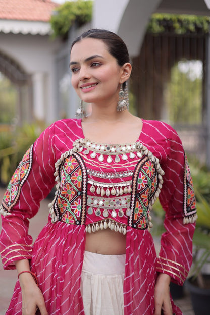 Pink Pure Georgette Lahariya Print kutchi Patchwork Navratri Lehenga Choli