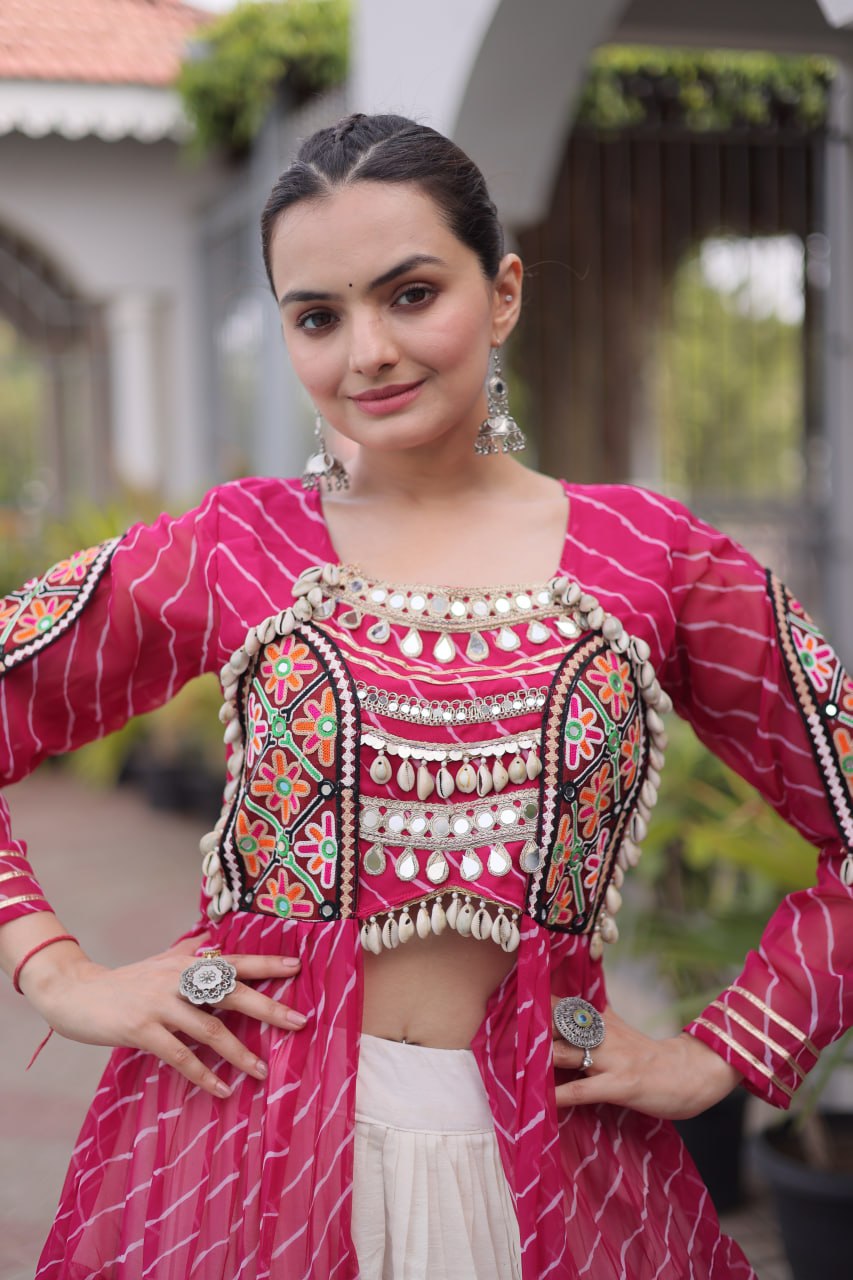 Pink Pure Georgette Lahariya Print kutchi Patchwork Navratri Lehenga Choli