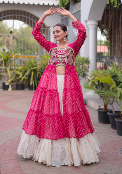 Pink Pure Georgette Lahariya Print kutchi Patchwork Navratri Lehenga Choli