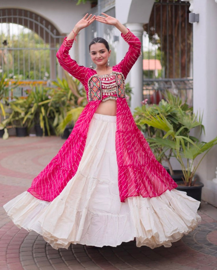 Pink Pure Georgette Lahariya Print kutchi Patchwork Navratri Lehenga Choli