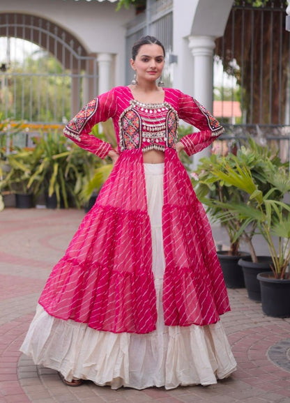 Pink Pure Georgette Lahariya Print kutchi Patchwork Navratri Lehenga Choli