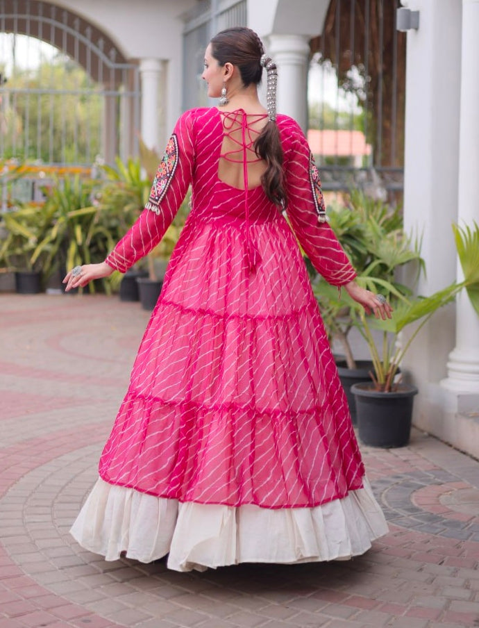 Pink Pure Georgette Lahariya Print kutchi Patchwork Navratri Lehenga Choli