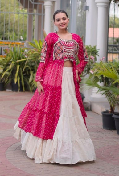 Pink Pure Georgette Lahariya Print kutchi Patchwork Navratri Lehenga Choli