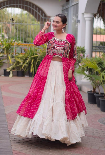 Pink Pure Georgette Lahariya Print kutchi Patchwork Navratri Lehenga Choli
