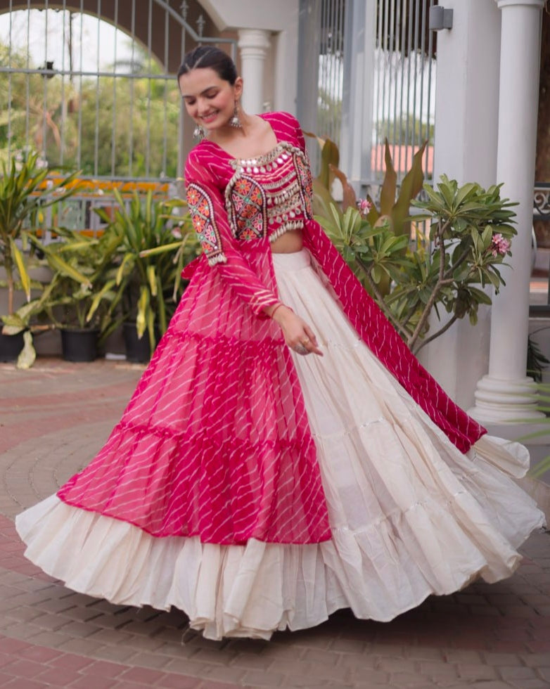 Pink Pure Georgette Lahariya Print kutchi Patchwork Navratri Lehenga Choli