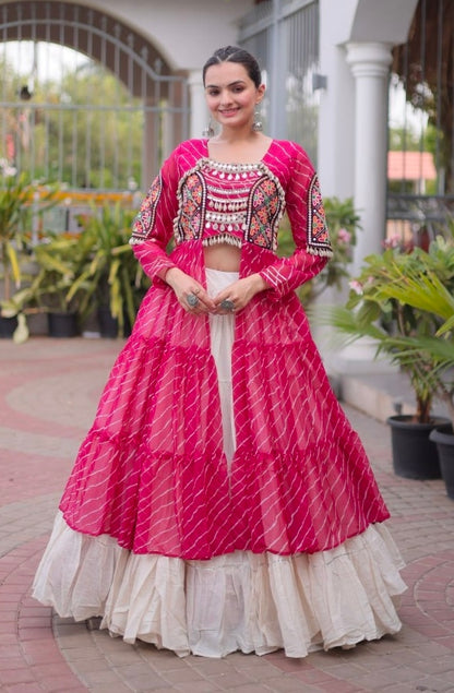Pink Pure Georgette Lahariya Print kutchi Patchwork Navratri Lehenga Choli
