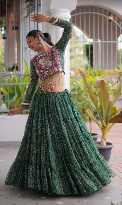 Green Pure Georgette Bandhni Print Kutchi Patchwork Navratri Lehenga Choli