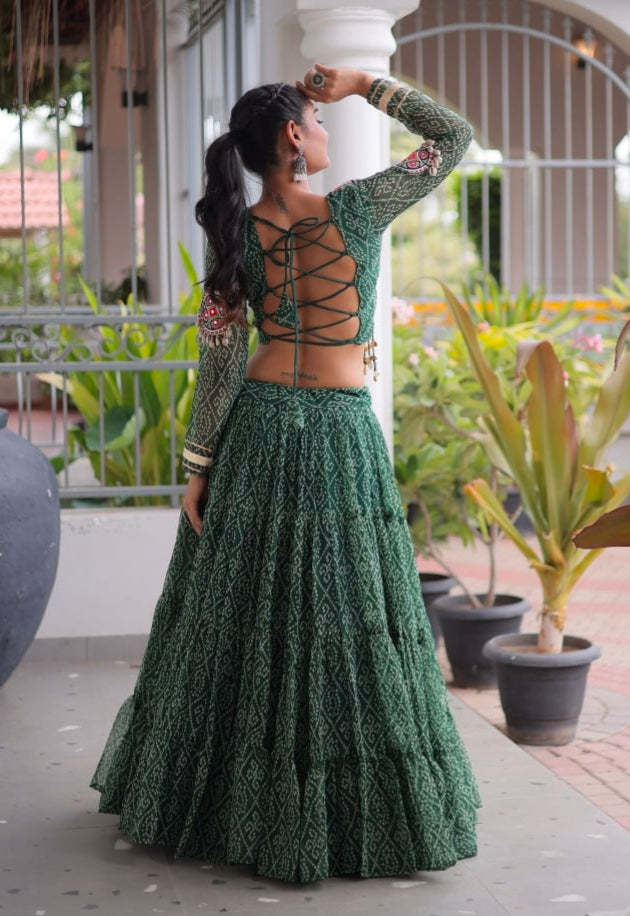 Green Pure Georgette Bandhni Print Kutchi Patchwork Navratri Lehenga Choli