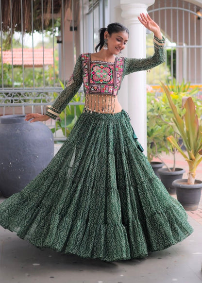 Green Pure Georgette Bandhni Print Kutchi Patchwork Navratri Lehenga Choli