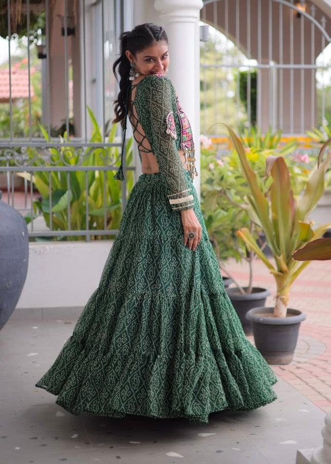 Green Pure Georgette Bandhni Print Kutchi Patchwork Navratri Lehenga Choli