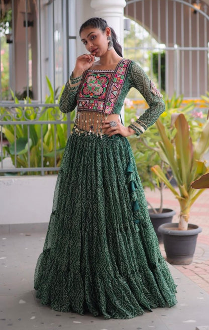 Green Pure Georgette Bandhni Print Kutchi Patchwork Navratri Lehenga Choli
