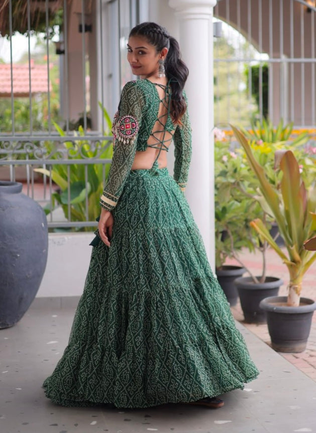 Green Pure Georgette Bandhni Print Kutchi Patchwork Navratri Lehenga Choli