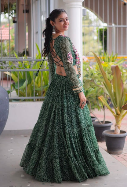 Green Pure Georgette Bandhni Print Kutchi Patchwork Navratri Lehenga Choli