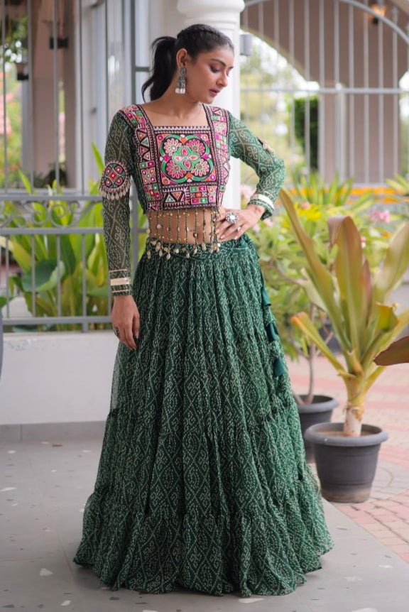Green Pure Georgette Bandhni Print Kutchi Patchwork Navratri Lehenga Choli