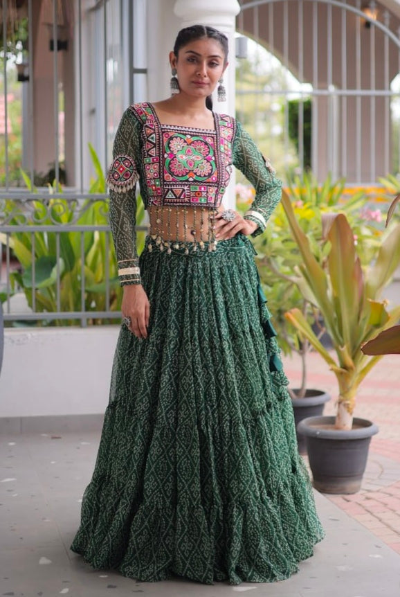 Green Pure Georgette Bandhni Print Kutchi Patchwork Navratri Lehenga Choli