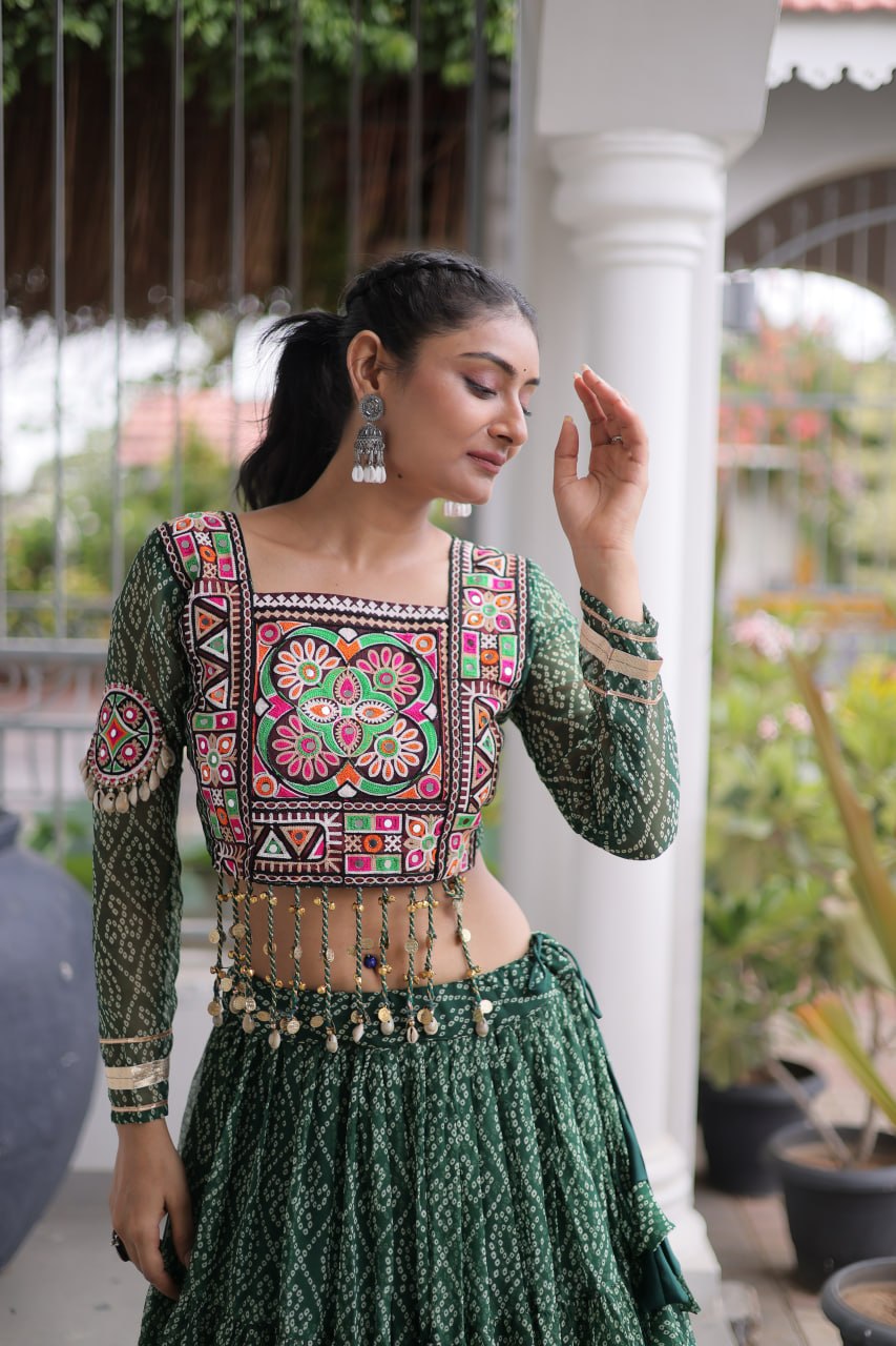 Green Pure Georgette Bandhni Print Kutchi Patchwork Navratri Lehenga Choli